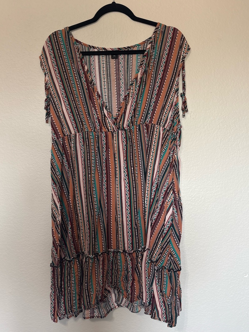 Striped Boho V-Neck Summer Dress in Rust, Teal & Black